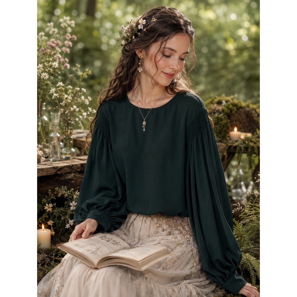 Worthington Forest Green Balloon Sleeve Blouse Fairycore Cottagecore 3X